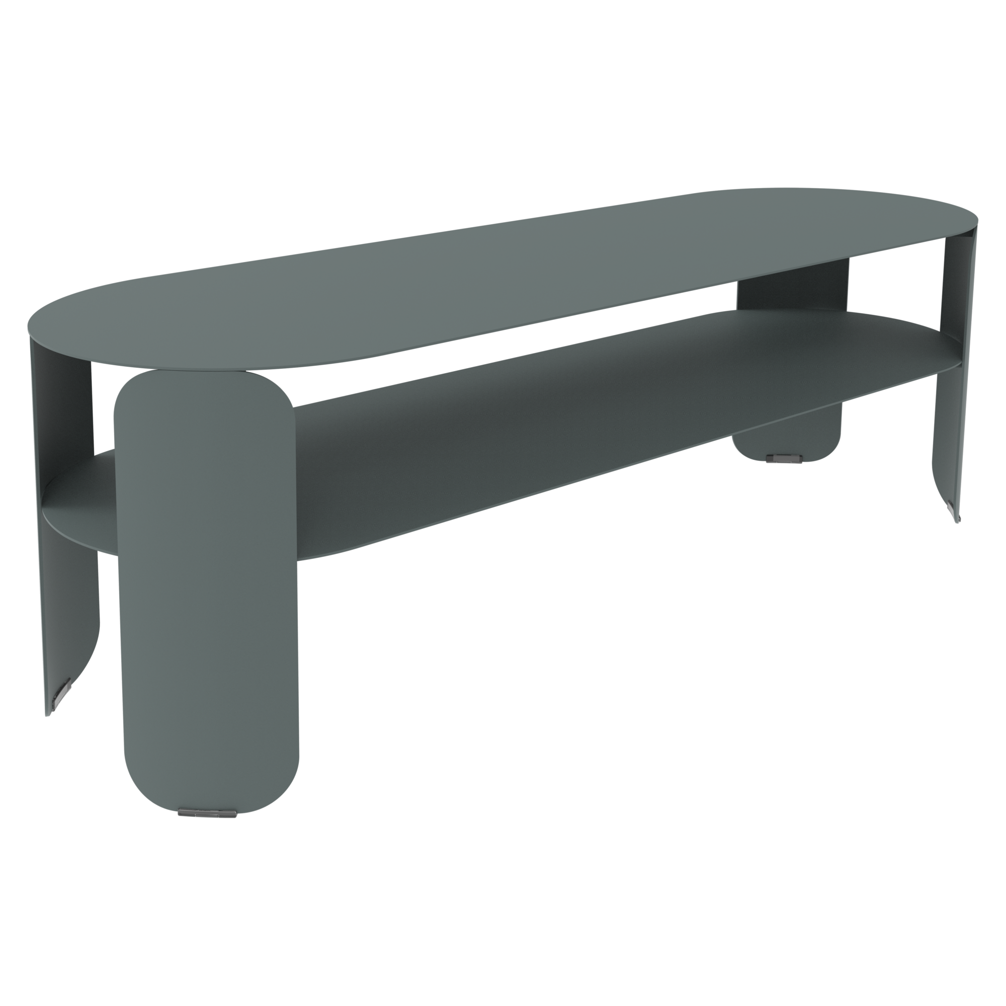 Cette table basse moderne en métal gris aux bords arrondis et à l'étagère inférieure ouverte s'inspire du style épuré du Bebop. Elle est parfaite comme console basse dans les espaces contemporains.
