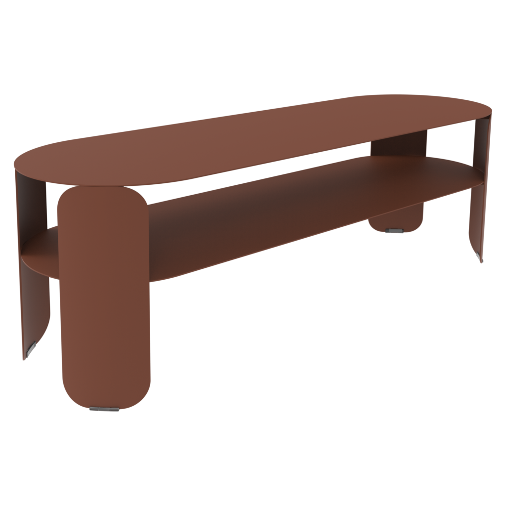 Table basse ovale moderne de couleur marron avec des bords arrondis et une étagère inférieure, inspirée du style Bebop épuré, fabriquée à partir de matériaux lisses pour un look chic.