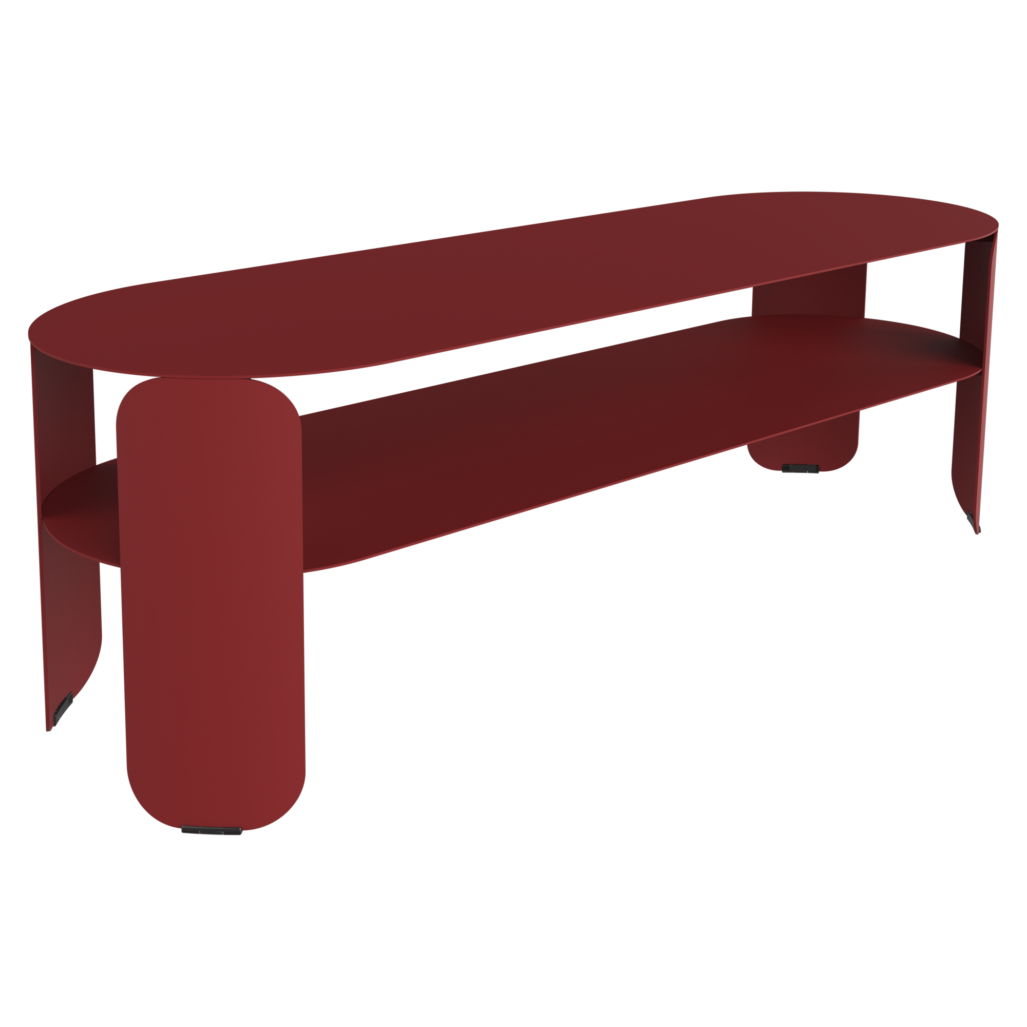 Table basse console Bebop en métal moderne, de forme ovale et de couleur rouge, avec des bords arrondis et une étagère inférieure, photographiée sur un fond noir uni.