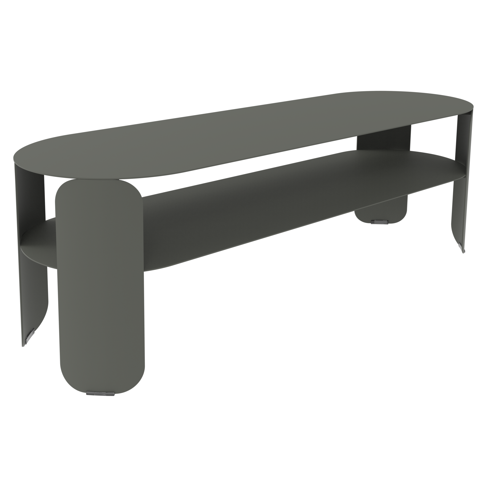 Console basse moderne en métal gris foncé avec des bords arrondis et une étagère inférieure ouverte, sur fond noir.