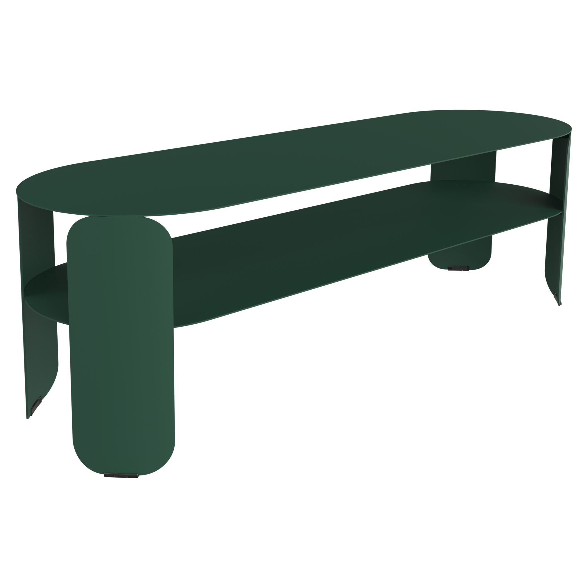 Console basse moderne en métal vert foncé, en cèdre vert, avec des bords arrondis et une étagère inférieure, photographiée sur un fond noir uni - parfaite pour ajouter un style inspiré de Bebop à n'importe quel espace.