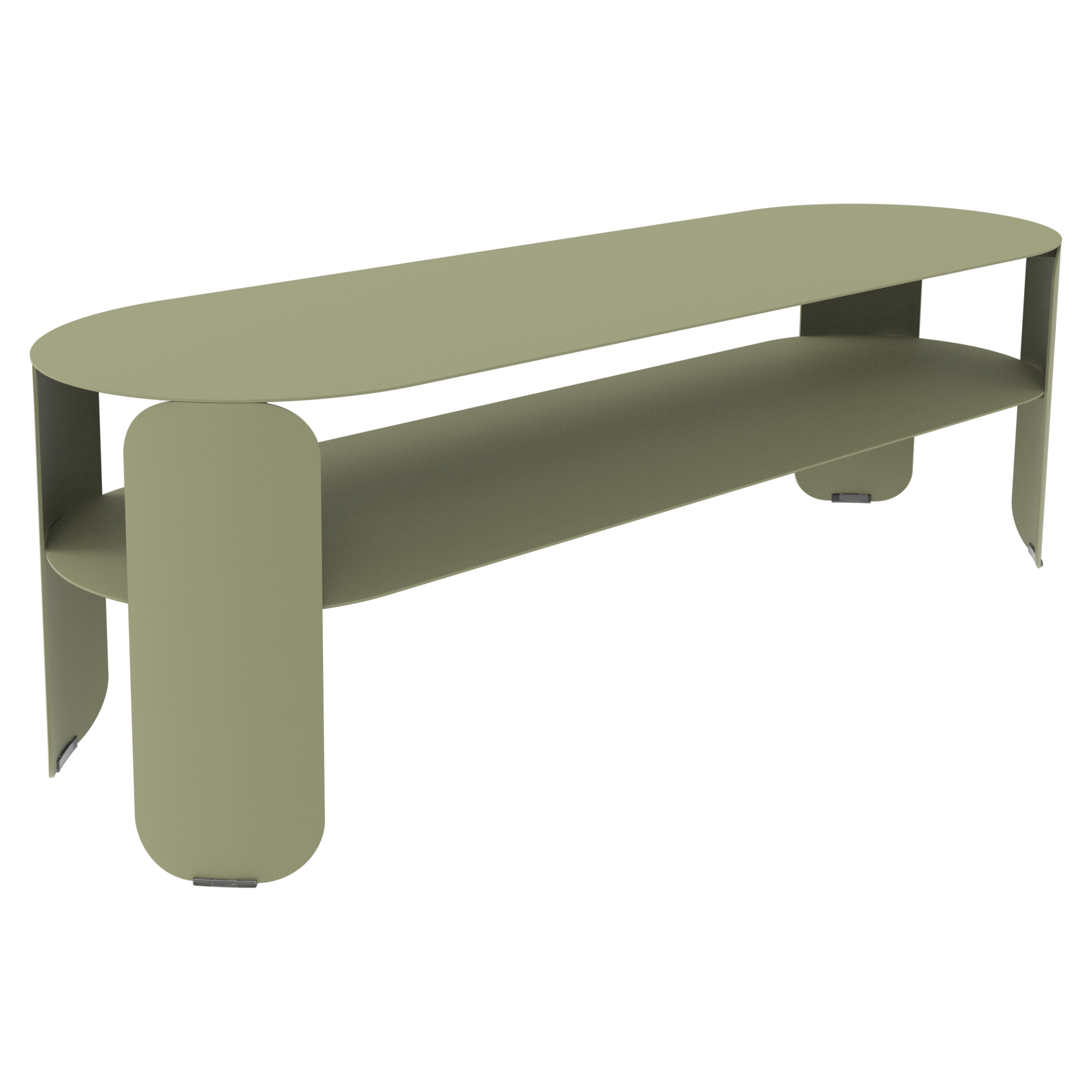 Console basse Bebop moderne en métal vert olive avec des bords arrondis et une étagère inférieure, présentée sur un fond noir uni.