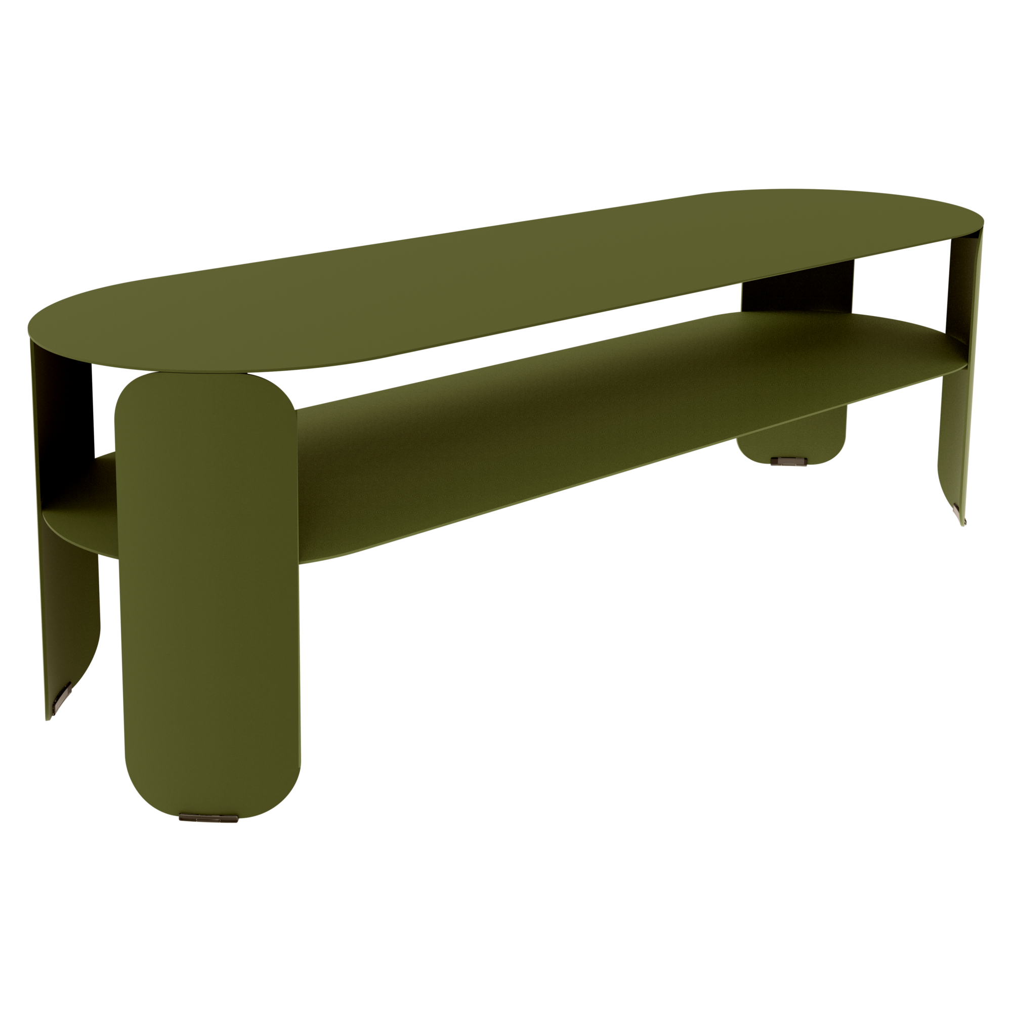 Banc Bebop en métal moderne de couleur vert olive avec des bords arrondis et une étagère ouverte sous l'assise, photographié sur un fond noir.