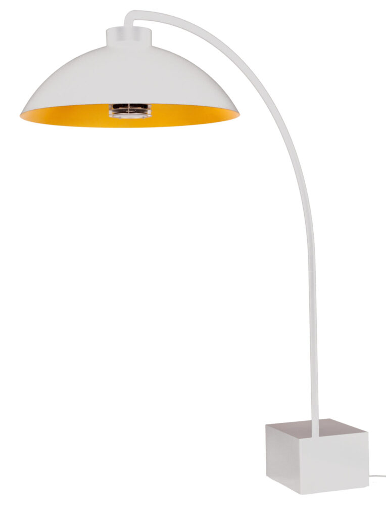Ce lampadaire arc blanc moderne de la collection DOME FS est doté d'un abat-jour en forme de dôme à l'intérieur orange et d'une base carrée. Il est parfait pour ajouter une touche d'élégance blanc neige à n'importe quel espace.