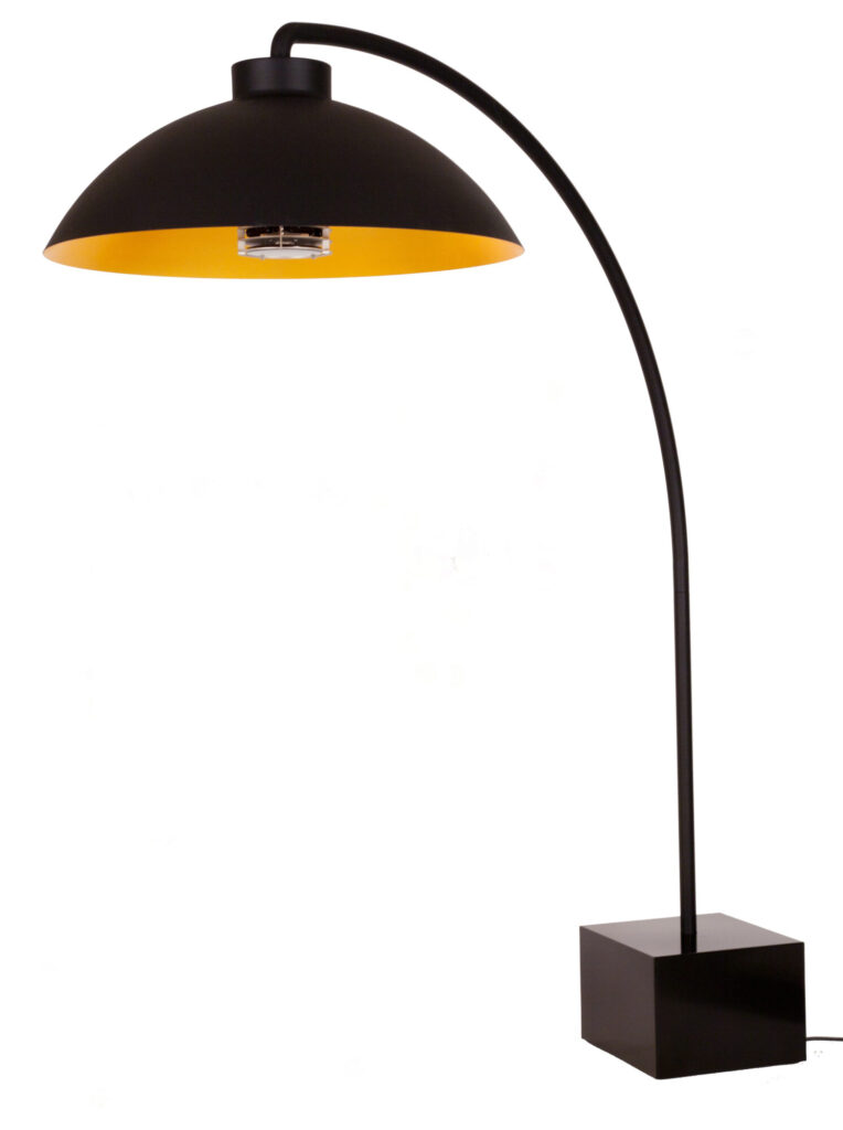 Lampadaire moderne DOME FS noir minuit avec un abat-jour en forme de dôme et une base carrée, sur un fond blanc neige.