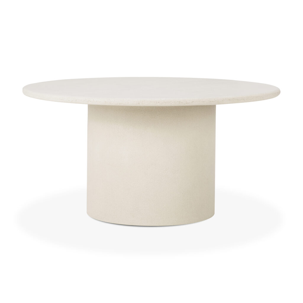 Une table ronde et moderne avec Table Elements - modèle Rond 150 - dotée d'une base cylindrique épaisse et d'un plateau lisse et plat, le tout dans une élégante couleur beige clair.