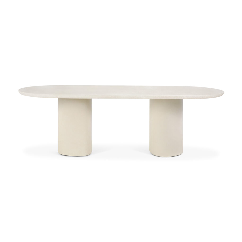 Table oblongue élégante avec une surface lisse, dotée de deux pieds cylindriques - un design élégant de Table Elements de 240 x 100 x 76.