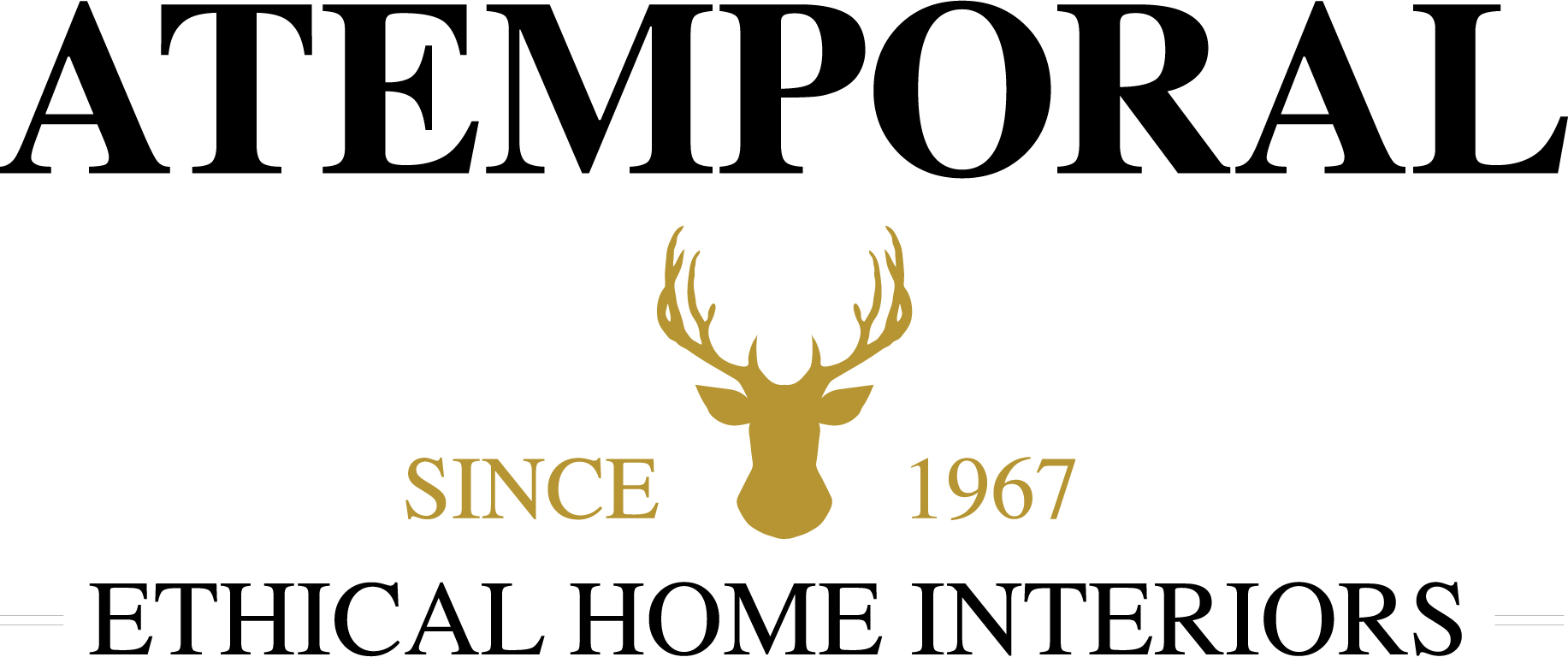 Logo pour Atemporal Ethical Home Interiors, représentant une tête de cerf dorée entre "Since 1967" et un texte noir en gras au-dessus et en dessous.