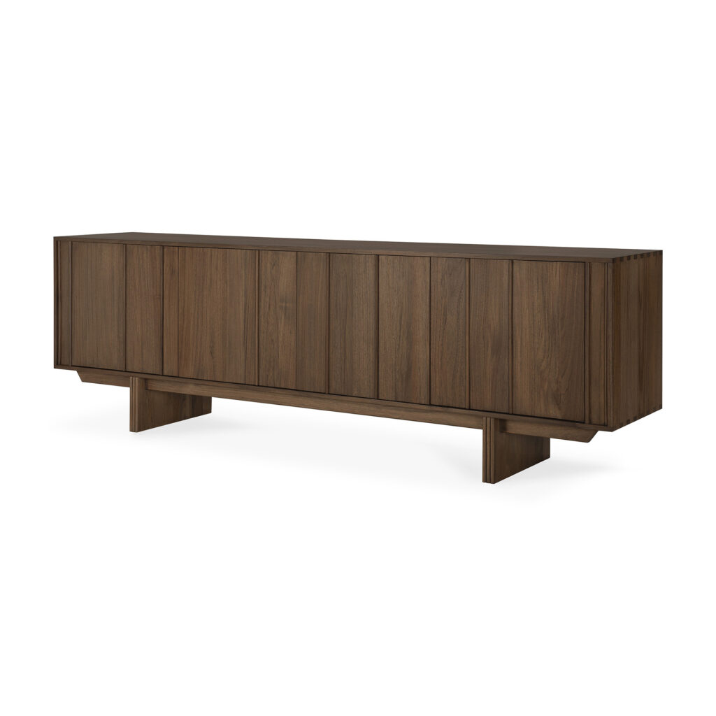Buffet pilier rectangulaire en teck teinté, finition marron foncé, avec 2 portes et un design minimaliste sur fond blanc.