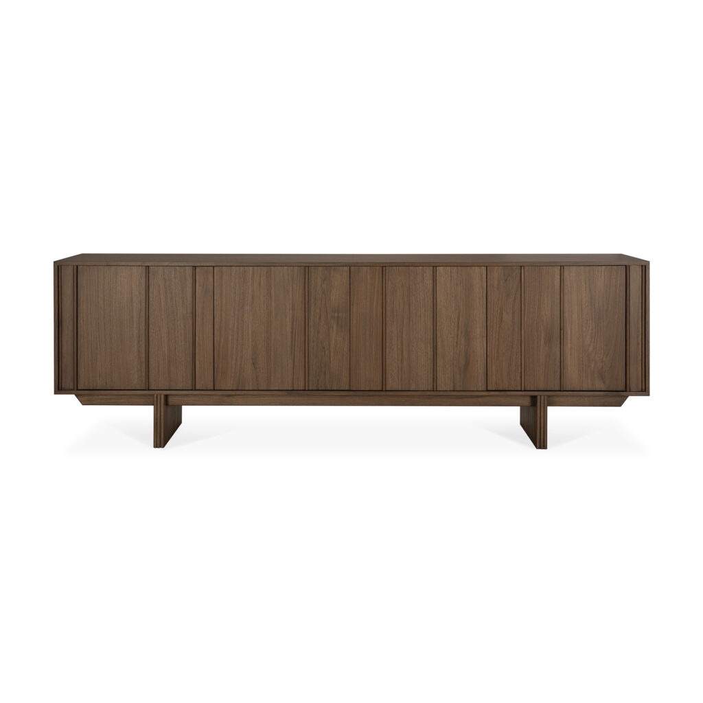 Buffet pilier moderne de forme rectangulaire, finition teck teinté brun foncé, quatre portes et design minimaliste.