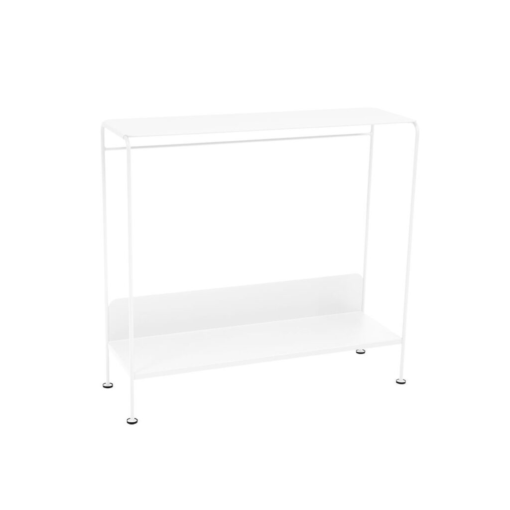 La console Picolino est une table console minimaliste en métal blanc avec un plateau rectangulaire et une étagère inférieure, soutenue par quatre pieds élancés, parfaite comme console d'intérieur et placée sur un fond blanc.