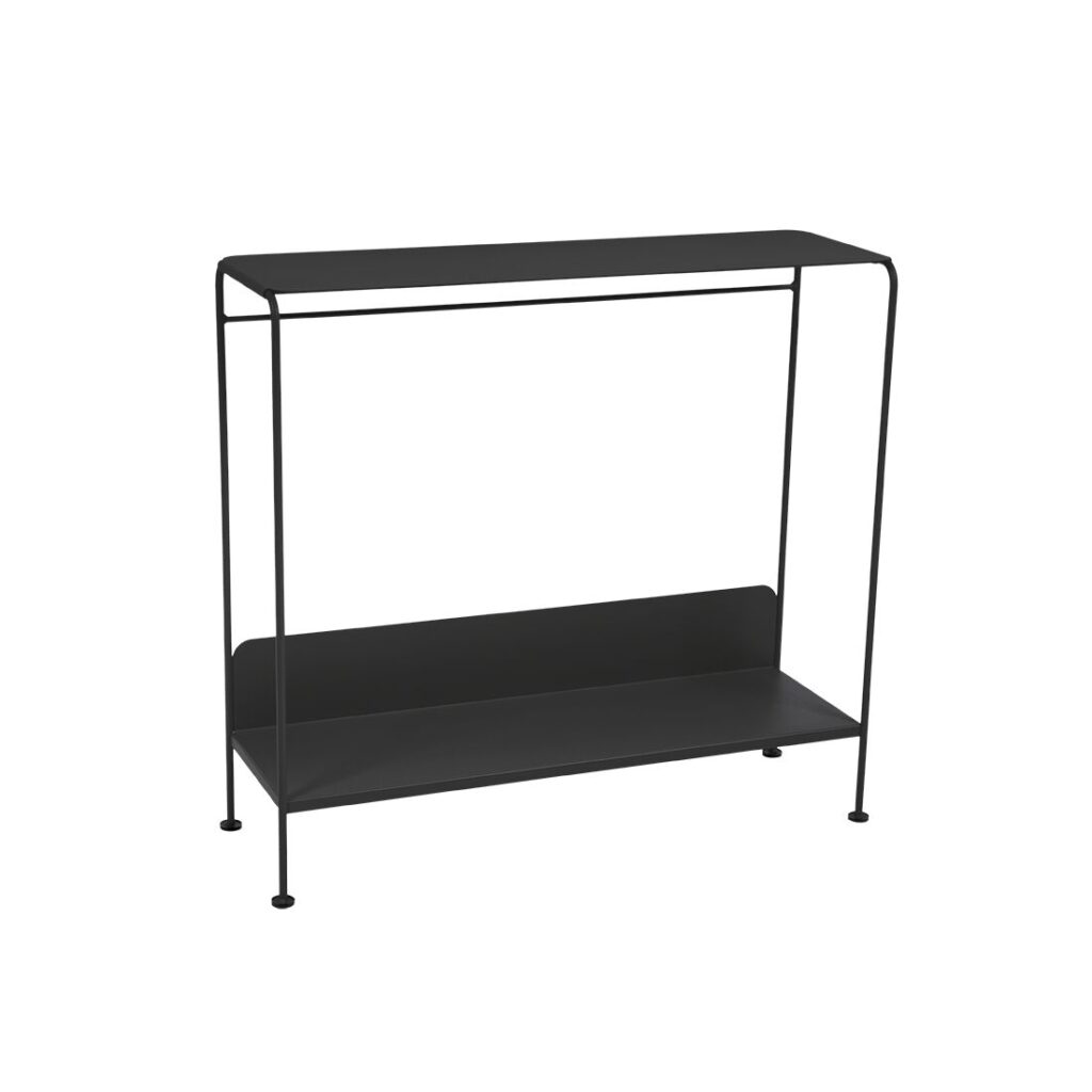 L'étagère à chaussures en métal noir Console Picolino INDOOR présente une surface supérieure plate, une barre de support horizontale et une étagère inférieure, sur fond blanc. Parfait pour les intérieurs modernes d'inspiration Tonka.