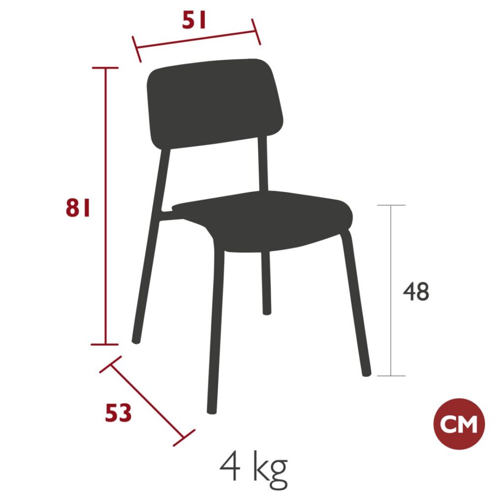 Silhouette de la Chaise Studie en beige latté, avec les dimensions suivantes : hauteur 81 cm, hauteur d'assise 48 cm, largeur 51 cm, profondeur 53 cm, poids 4 kg. Symbole "CM" dans le coin inférieur droit.