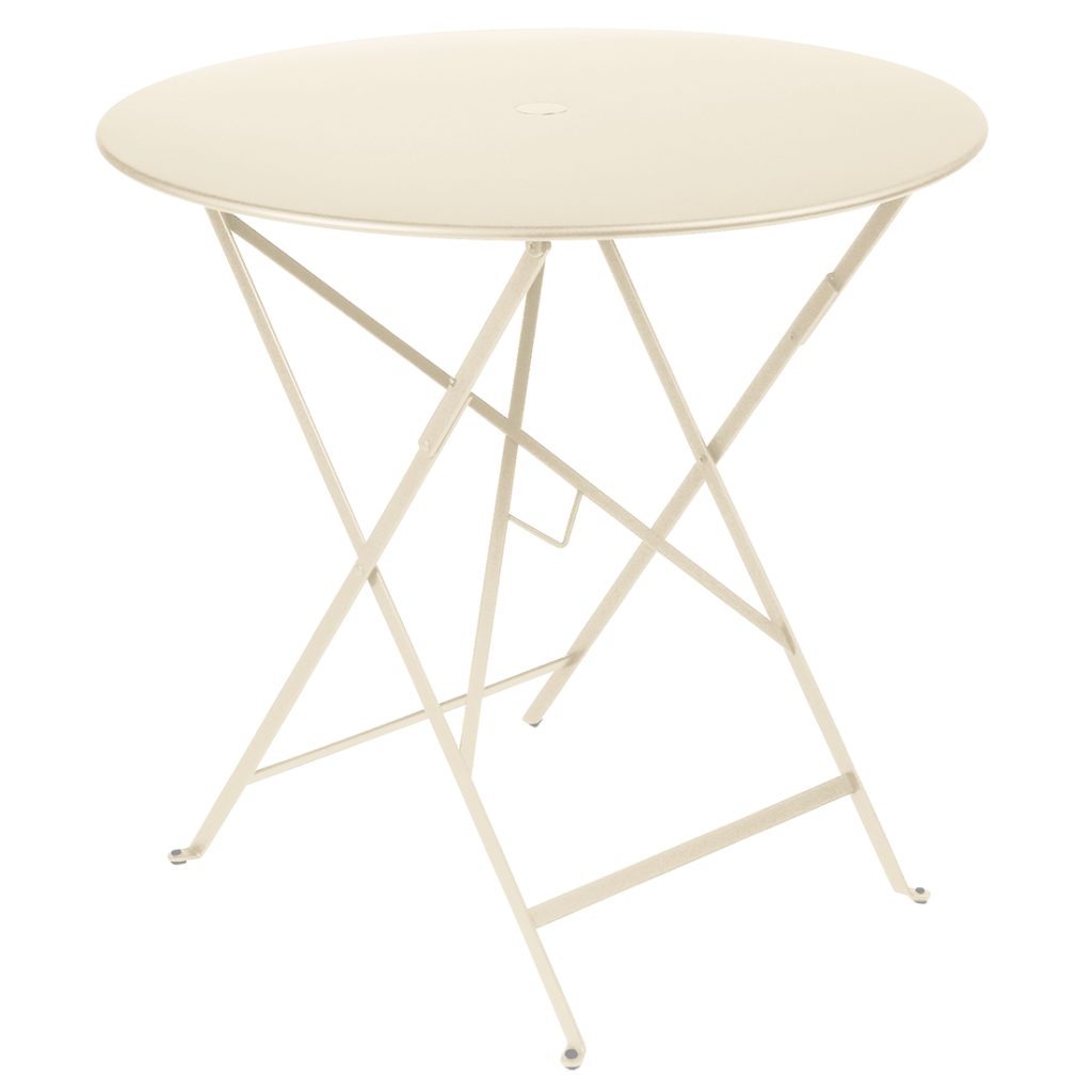 Table ronde pliante en métal latté beige clair, diam 77 cm, avec pieds fins-Table ronde style Bistro-présentée sur un fond blanc uni.