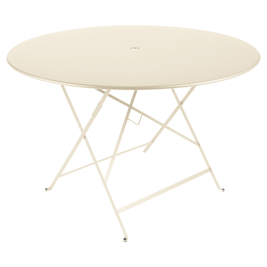 Table pliante ronde en métal beige clair, idéale comme table bistrot, avec un trou central et présentée sur un fond blanc uni.