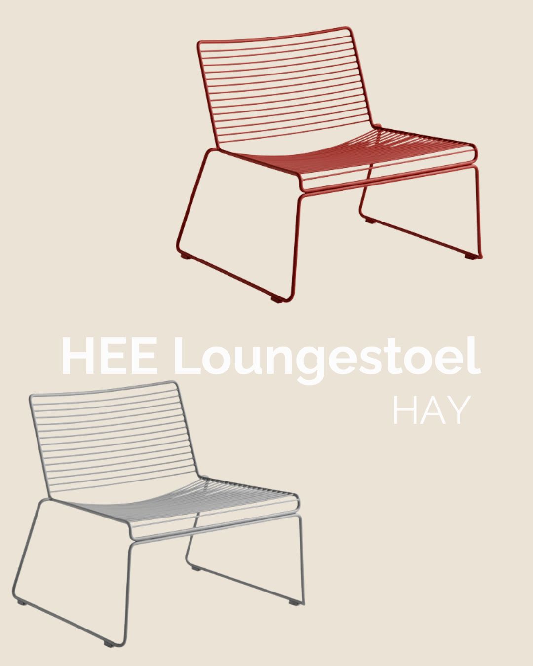 Deux chaises longues minimalistes en fil de fer, l'une rouge et l'autre grise, sont présentées au-dessus du texte "HEE Loungestoel HAY" sur un fond beige, mettant en évidence une offre de déstockage exclusive.