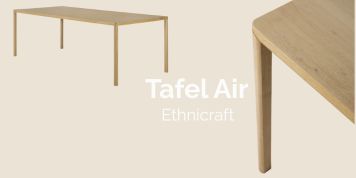 Table rectangulaire en bois clair avec des pieds fins, montrée d'un point de vue complet et d'un point de vue rapproché. Le texte indique "Tafel Air Ethnicraft". Parfait pour votre maison - découvrez ce design dans notre stockverkoop.