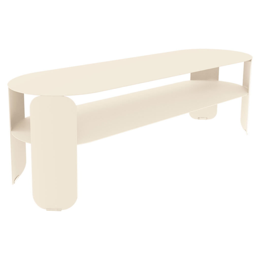Table console minimaliste de couleur Beige Latte avec des bords arrondis et une étagère inférieure, sur un fond blanc uni.