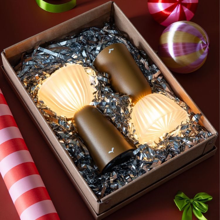Un coffret cadeau contient deux lampes LED brunes et modernes avec des abat-jour lumineux de quatuor design, nichées dans du papier métallique déchiqueté et entourées de décorations de Noël et de papier d'emballage.