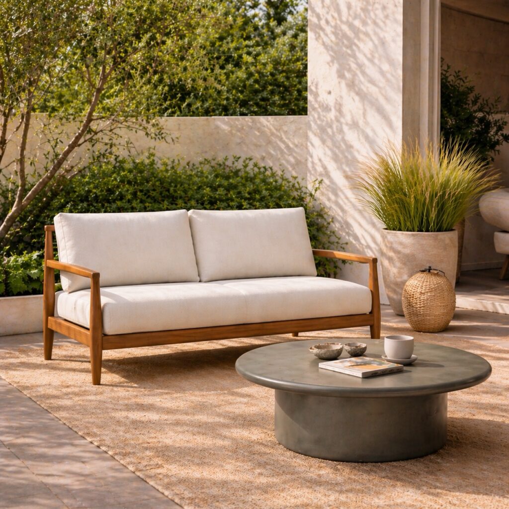 Canapé Aura 2 places avec table basse Lyra sur une terrasse ensoleillée